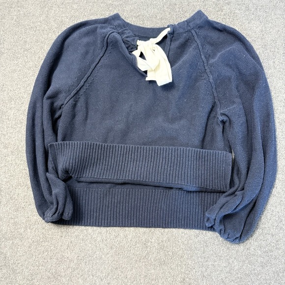 Anthropologie Navy Tie Neck Knit Sweater Top Blouson Sleeve M - Picture 5 of 7